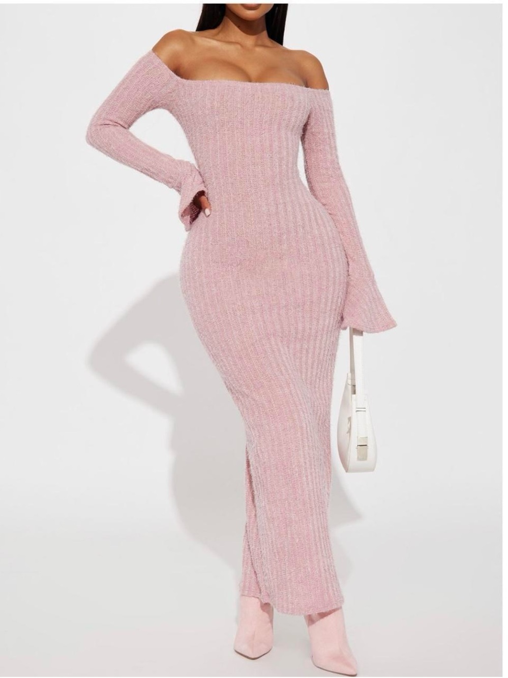 Fashion Nova Off-Shoulder Ribbed Maxi Dress in Light Pink